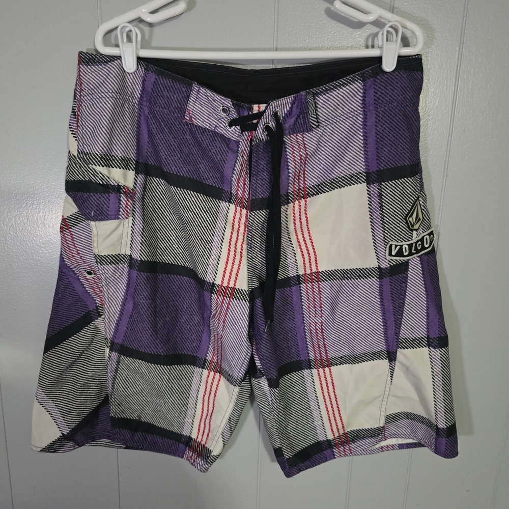 Volcom Board Shorts Mens 36‎ Purple Plaid Cargo Pocket Swim Trunks Skate Y2K